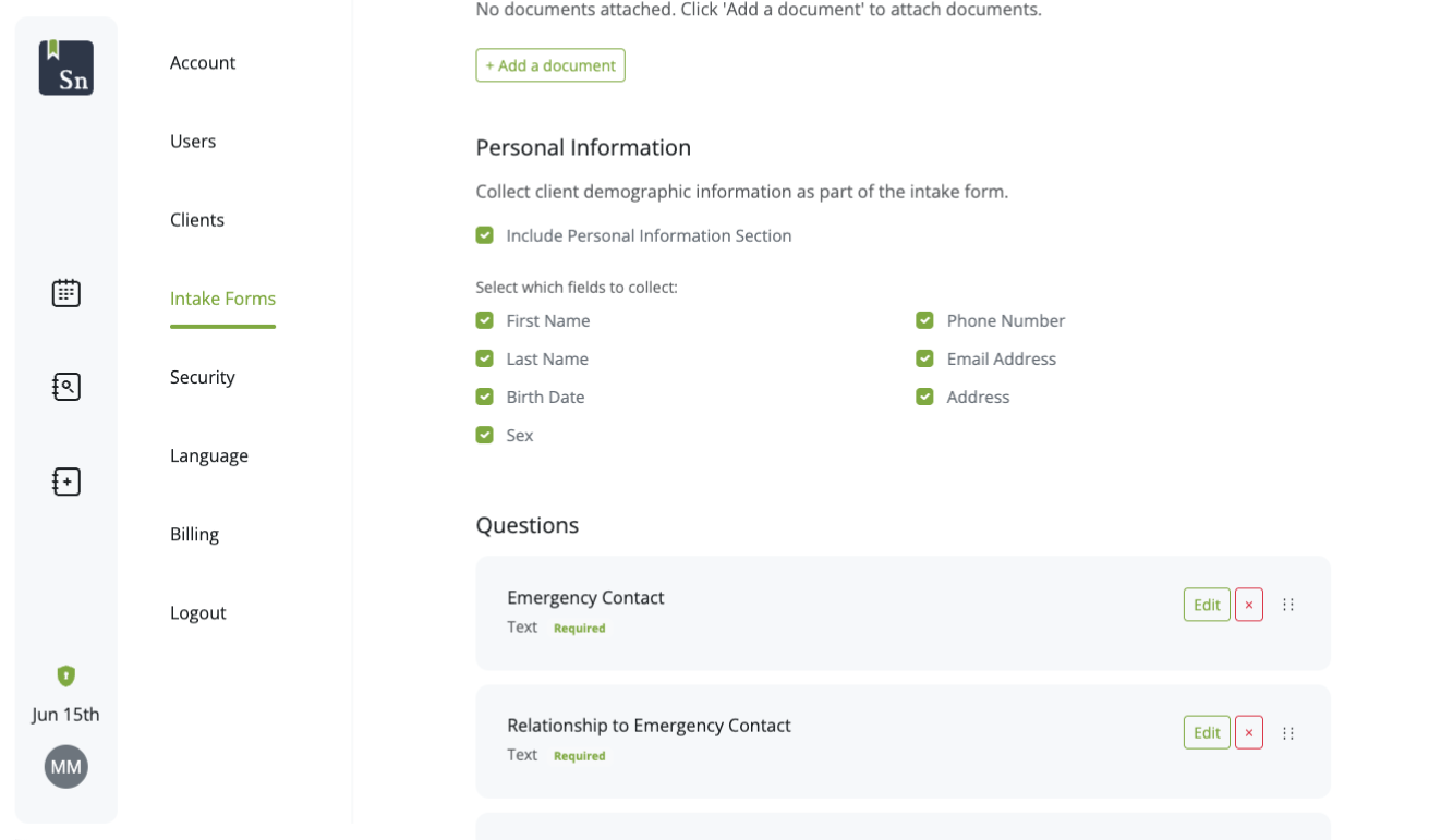 ShrinkNotes customizable intake form builder on desktop